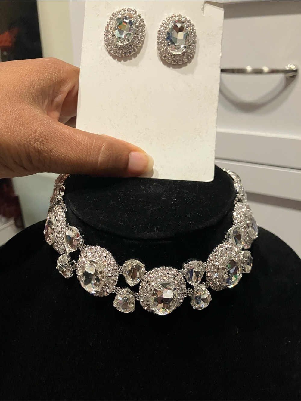 Crystal Statement Choker Necklace with Matching Stud Earrings - Silver Tone